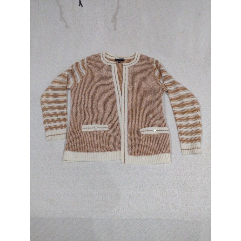 Women's Susan Graver Cardigan M Beige  White Striped Soft Knit